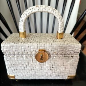 Rare 1960s Koret Italian Wicker Box Purse-White Top Handle Handbag Aqua Interior